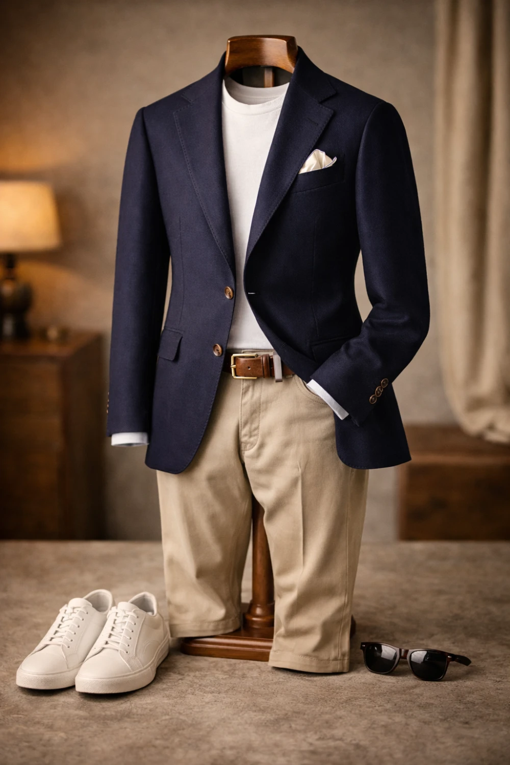 Your bespoke blazer + beige or stone chinos + white crew-neck t-shirt + white leather sneakers + sunglasses