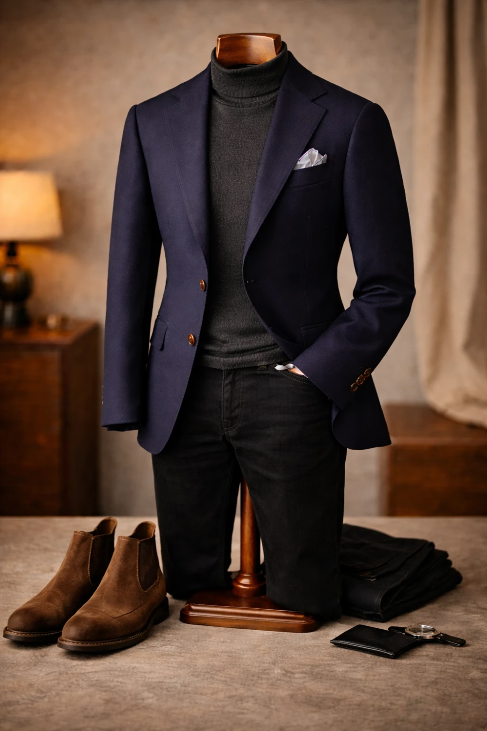Your bespoke blazer + black fitted chinos + charcoal turtleneck or henley + Chelsea boots + minimal accessories