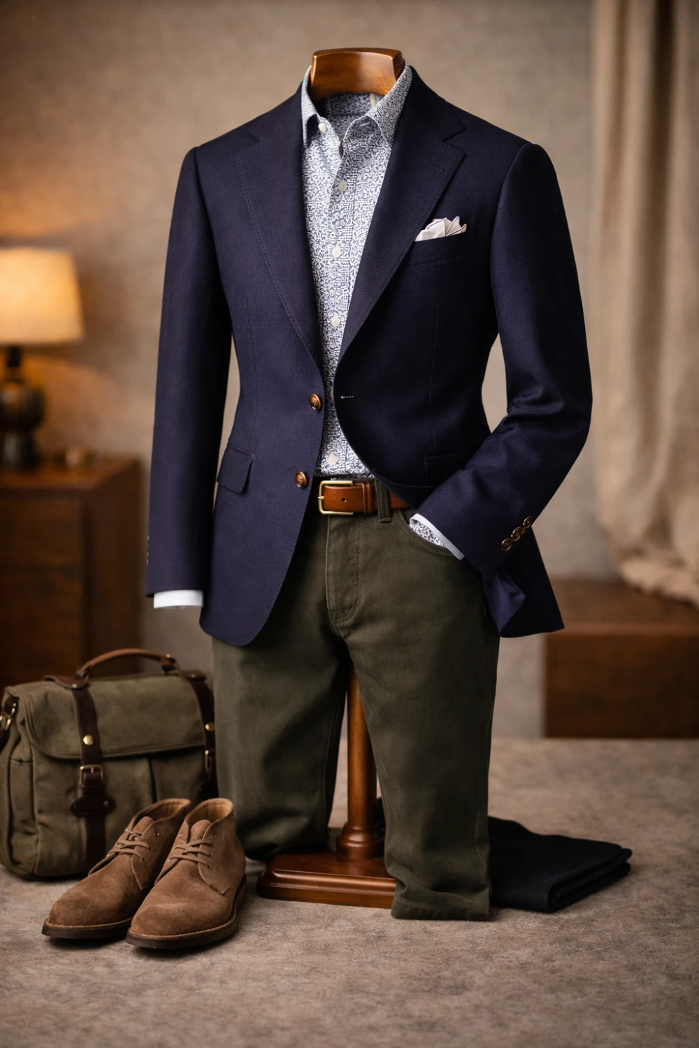 Your bespoke blazer + olive or burgundy chinos + patterned button-down shirt + suede desert boots + canvas tote or messenger bag