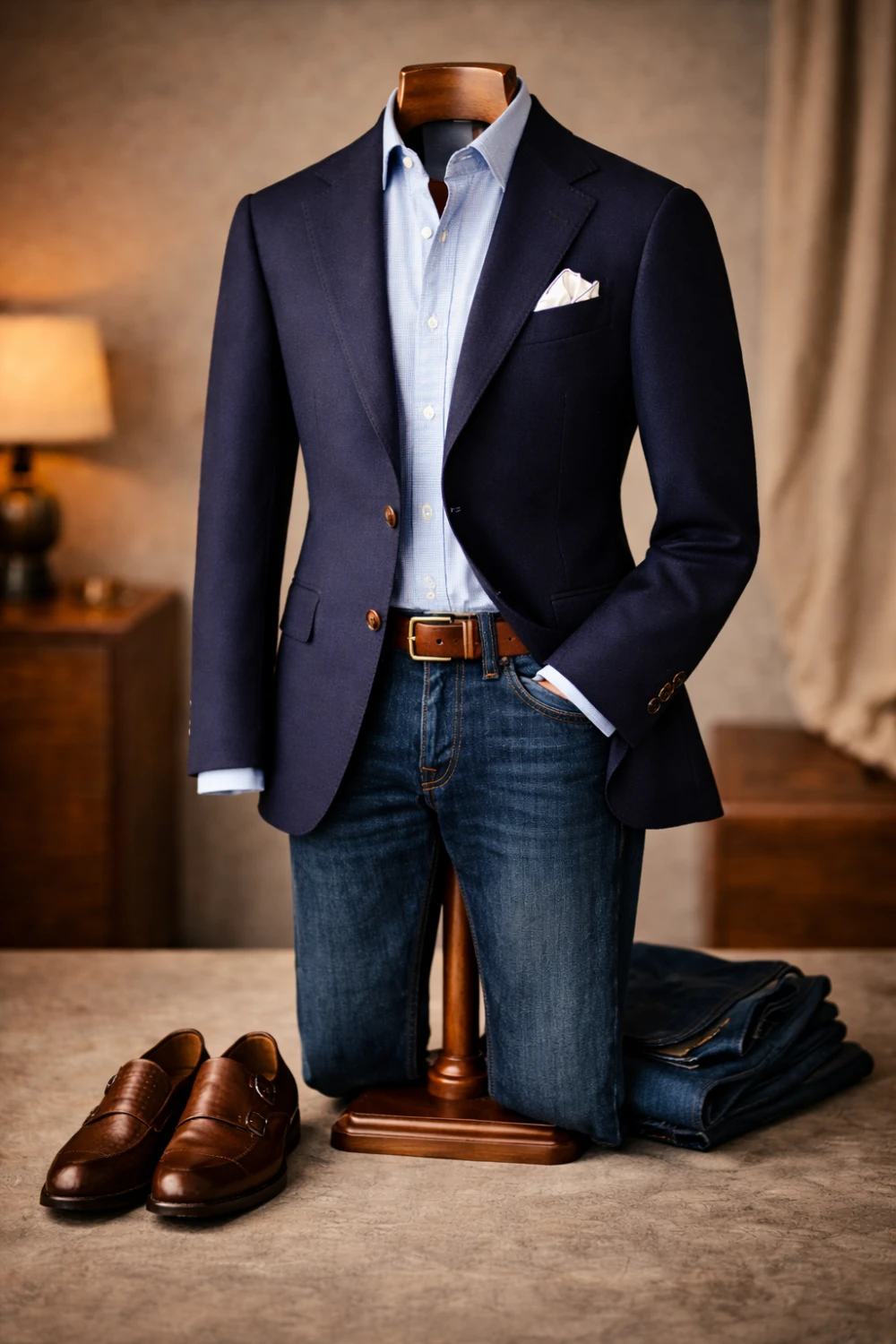 Your bespoke blazer + medium-wash dark jeans + light blue button-down (no tie) + brown leather loafers + brown leather belt