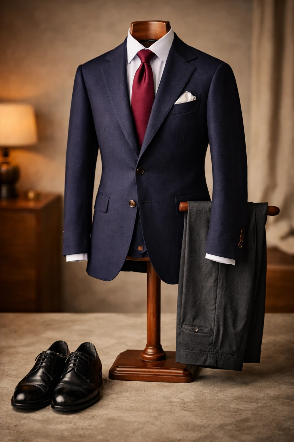 Your navy Bespoke blazer + charcoal wool trousers + white bespoke dress shirt + burgundy silk tie + black Oxford shoes