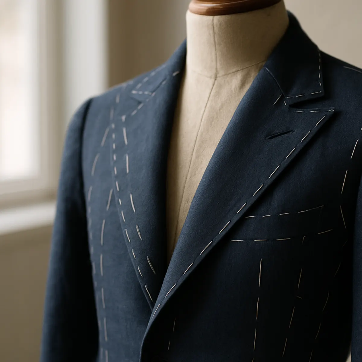 Basted suit jacket at first fitting with our express tailor in Bangkok