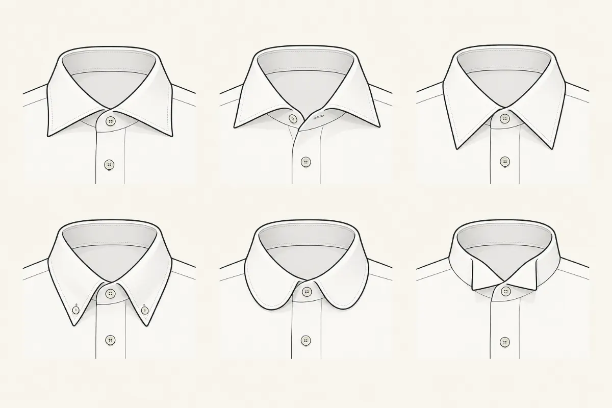 Six dress shirt collar styles compared: semi-spread, cutaway, classic point, button-down, club and wing