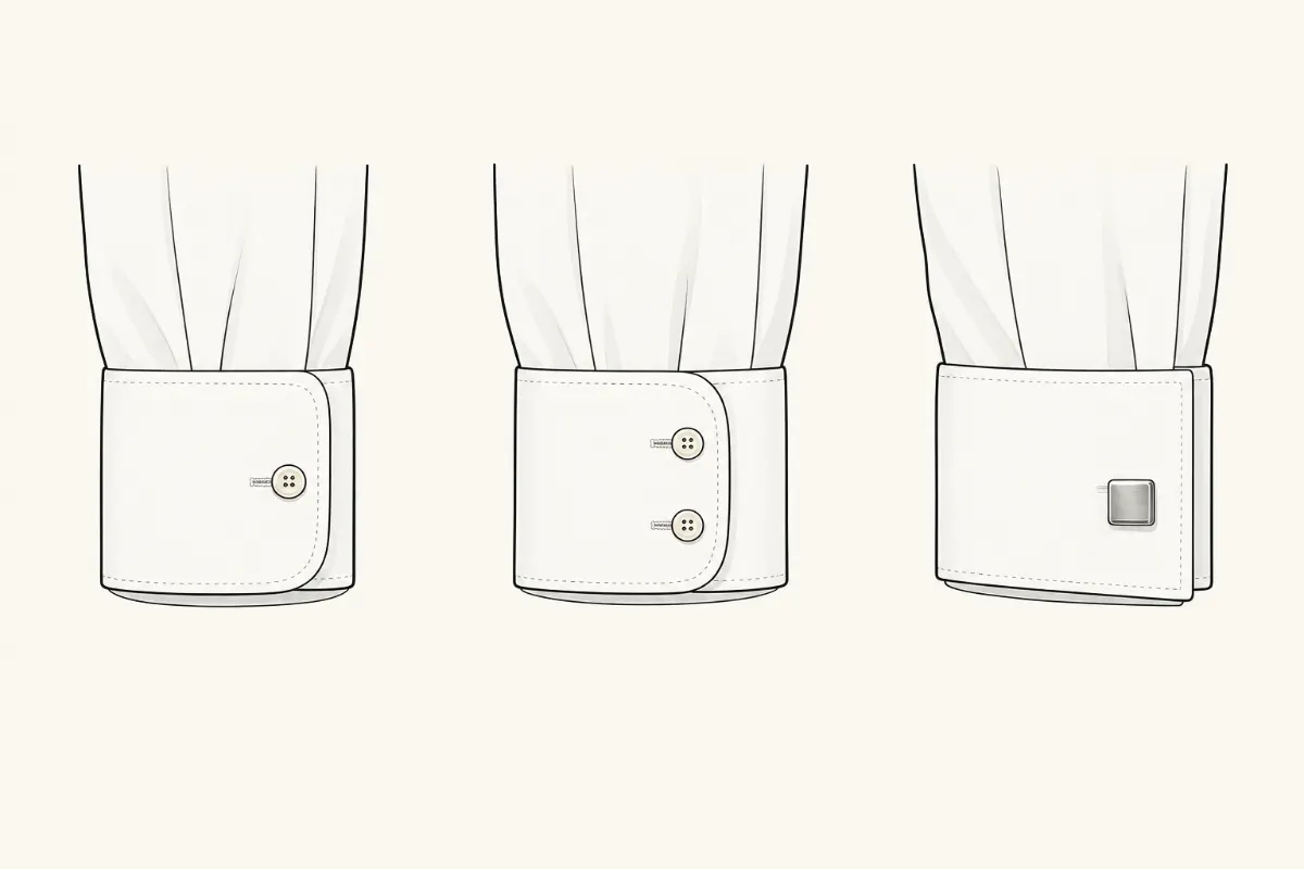 Three shirt cuff styles compared: single barrel with one button, single barrel with two buttons, and double French cuff with a link
