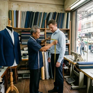 Sukhumvit tailor measuring a client for a bespoke suit
