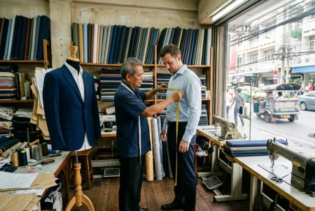 Sukhumvit tailor measuring a client for a bespoke suit