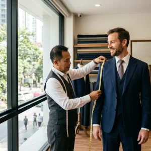 tailor in Phrom Phong fitting a bespoke suit near BTS Phrom Phong