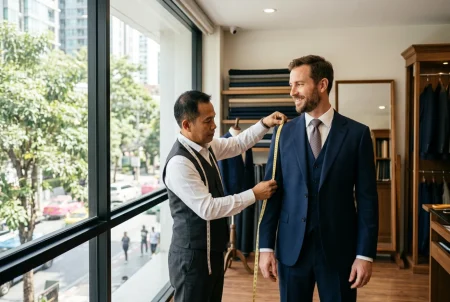 tailor in Phrom Phong fitting a bespoke suit near BTS Phrom Phong